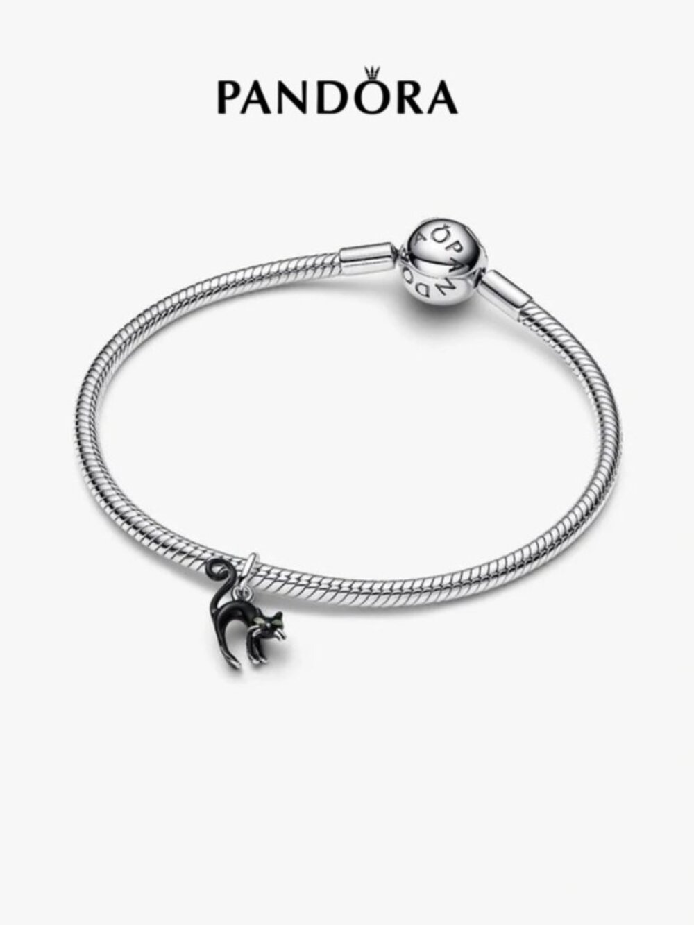 Pandora Silver Snake Chain Bracelet with Black Cat Charm
